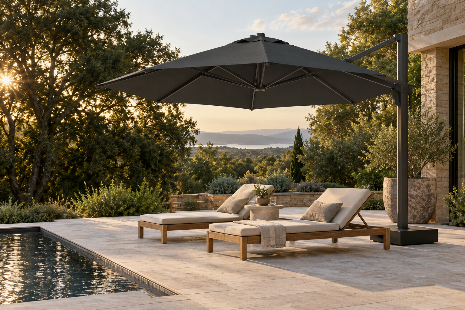 Illustrative courtyard with a cantilever patio umbrella